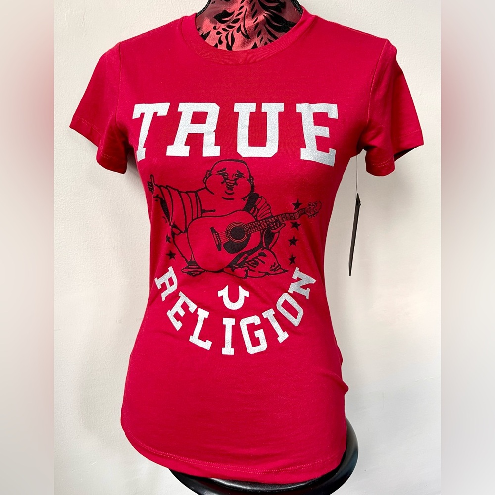 NWT True Religion Starry Buddha Tee Short Sleeve Crewneck Shirt Red Dahlia XS